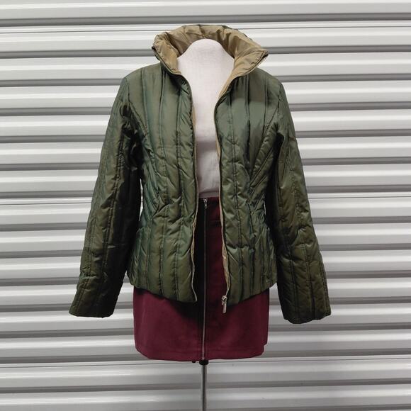 Michael Kors Womens Down Puffer Jacket Medium Green Reversible Quilted Packable - Picture 2 of 15